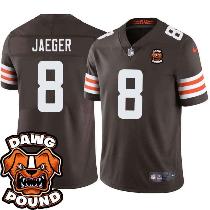 Browns #8 Jeff Jaeger DAWG POUND Dog Head logo Jersey -Brown
