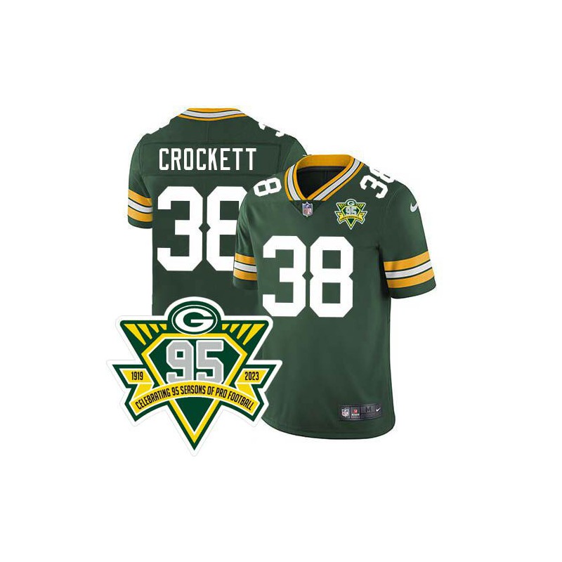 Packers #38 John Crockett 1919-2023 95 Year ANNI Patch Jersey -Green