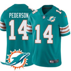 Dolphins #14 Doug Pederson Additional Chest Dolphin Patch Aqua Jersey